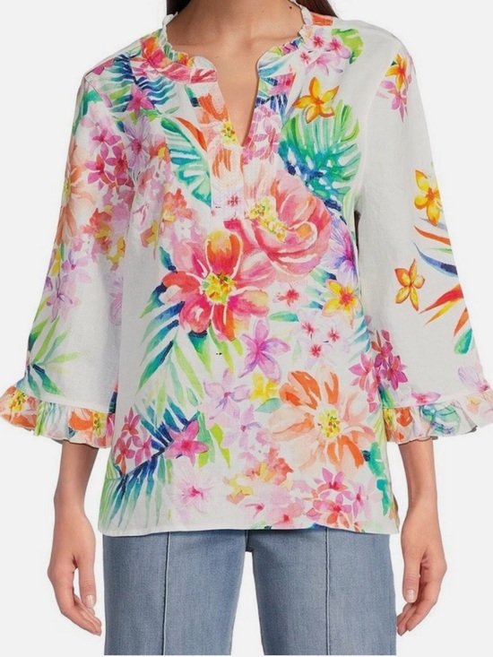 Tops - JOHN MARK SPRING FLING BLOUSE 100% LINENN 3/4SLEEVE FLORAL WHITE & MULTI SIZE 2X